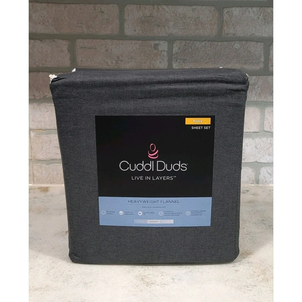 Cuddl Duds Heavyweight Brushed Cotton FULL Flannel Sheet Set Deep Fit Charcoal